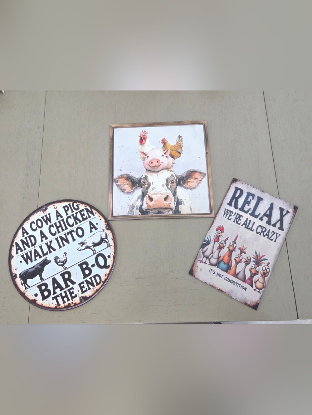 3pc Farmhouse Rustic Wood Signs Set Cow Pig Chicken Funny BBQ Wall Decor, NEW